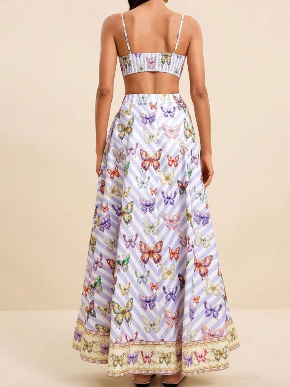 Multicolor Boho Women's Stripe Butterfly Print Maxi Skirt And Cami Crop Top Set